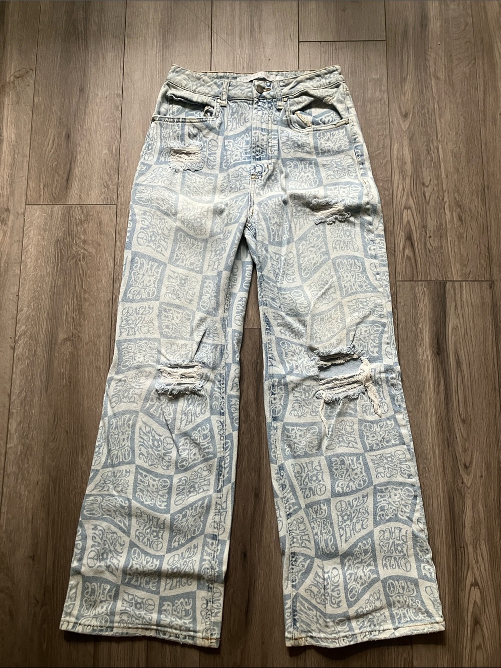 Tinseltown High Rise Distressed Wide Leg Jeans Checkerboard Peace Sign Women’s 7